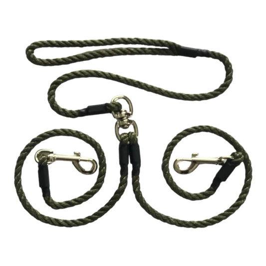 Handmade Double/ Brace Gundog Rope Clip Lead With Swivel In Olive